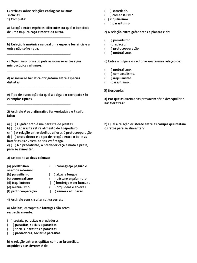 Exercicios Sobre Relacoes Ecologicas 7º Anos | PDF | Parasitismo | Predação
