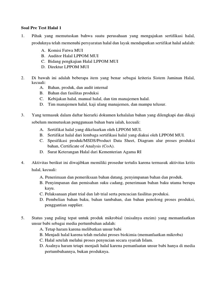 Soal Pre Test Halal