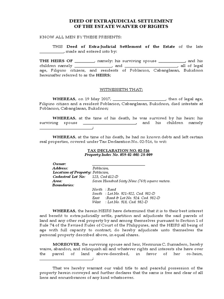 Deed Of Extrajudicial Settlement Of The Estate Waiver Of Rights | Real