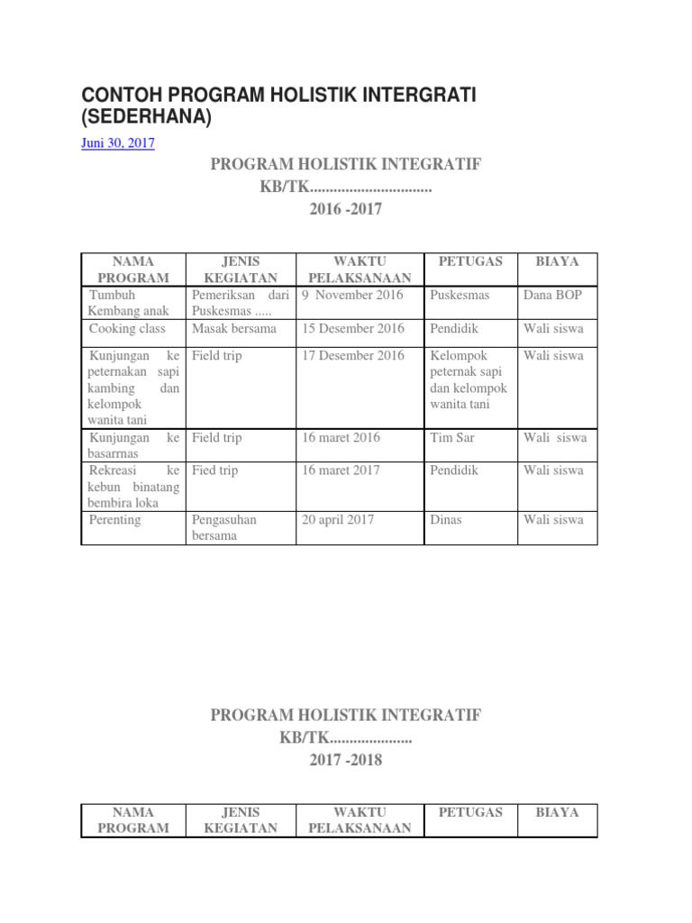 Contoh Program Holistik Intergrati
