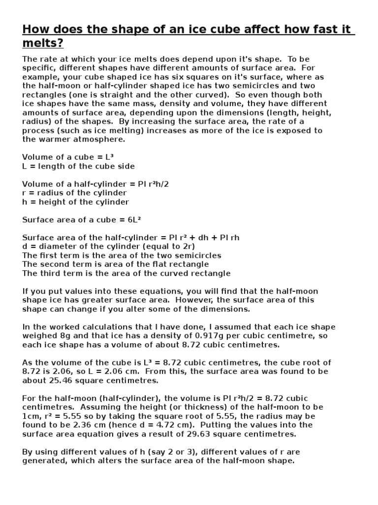 How Does the Shape of an Ice Cube Affect How Fast It Melts | Volume | Area