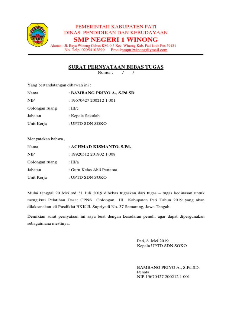 D Surat Bebas Tugas Dari Pimpinan Edit Pdf