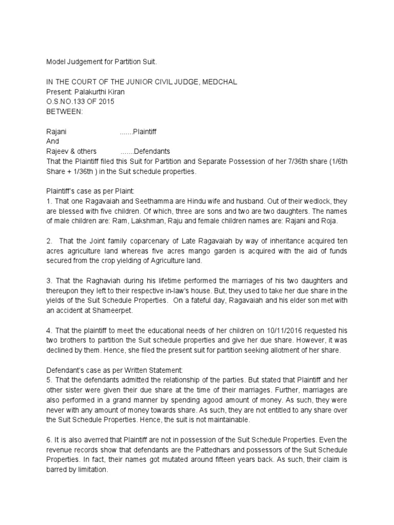Model Judgement For Partition Suit. PDF Lawsuit Property