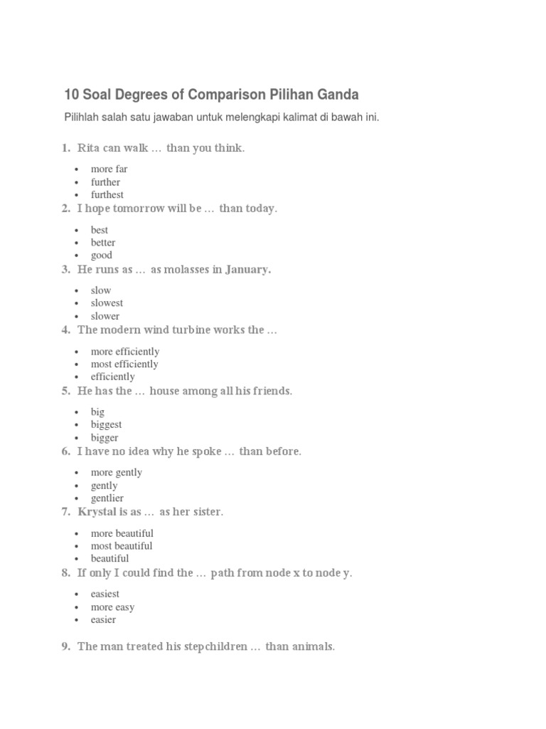 10 Soal Degrees Of Comparison Pilihan Ganda Syntax Language Mechanics