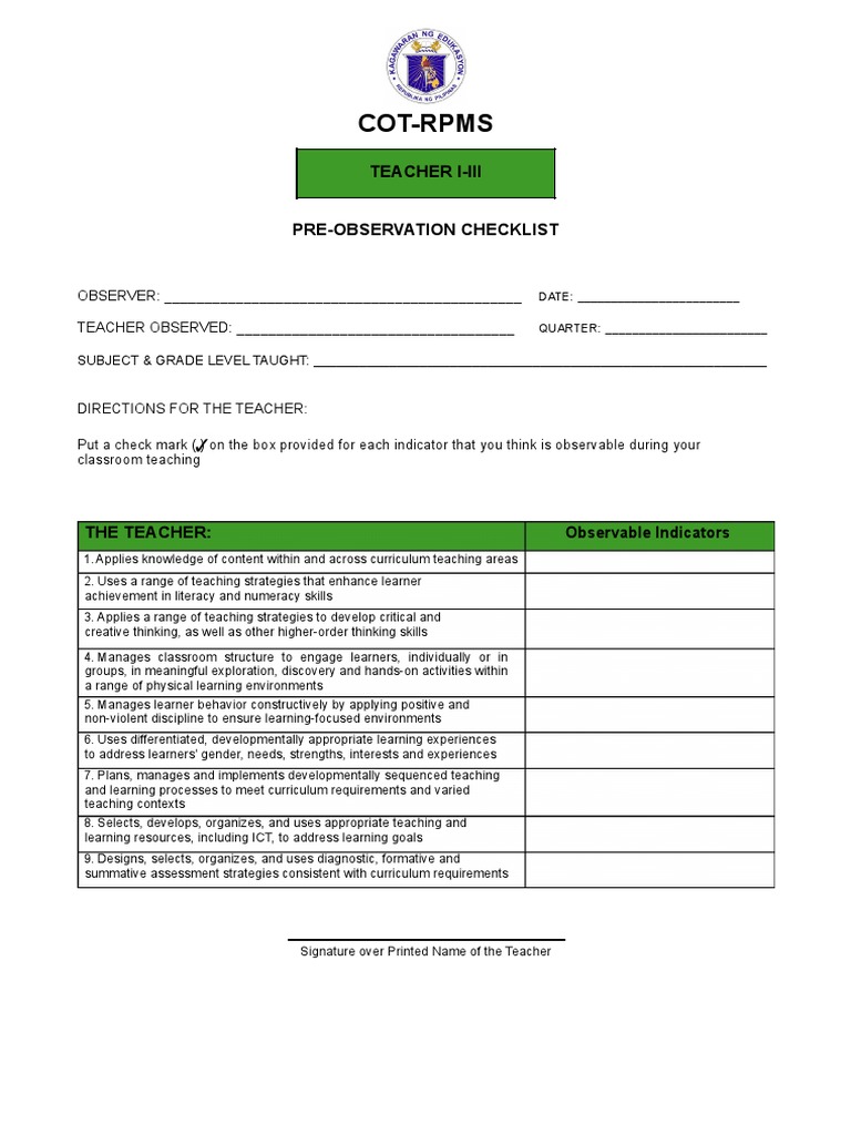 Cot Rating Forms PDF Teachers Curriculum
