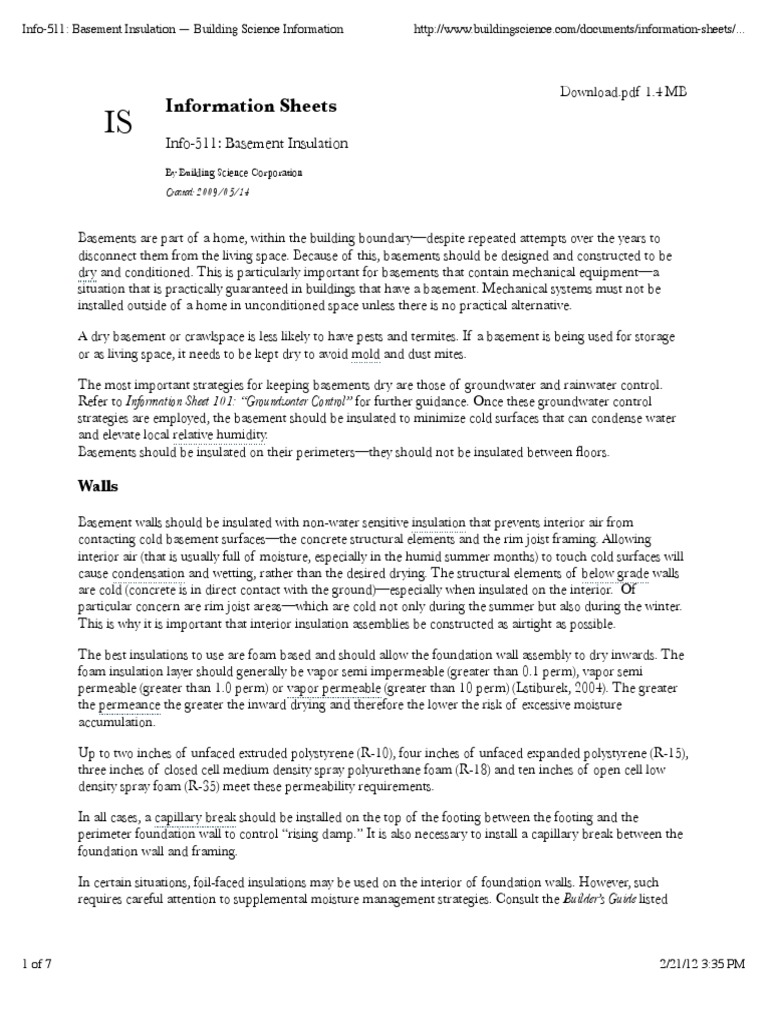 Information Sheets Info511 Basement Insulation PDF Basement