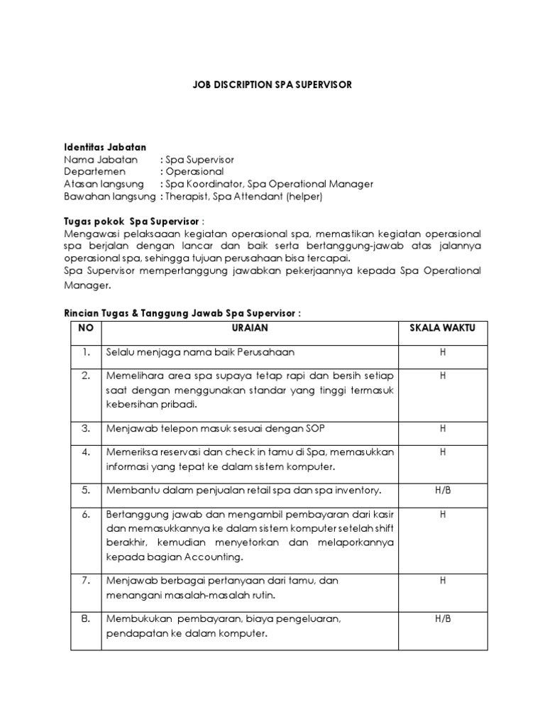 Job Description Spa Supervisor PDF