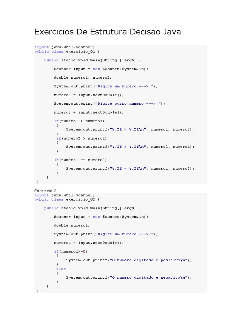 Exercicios de Estrutura Decisao Java | PDF | Java (linguagem de ...