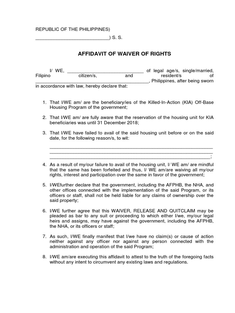 Proforma Waiver of Rights | PDF | Affidavit | Legal Procedure