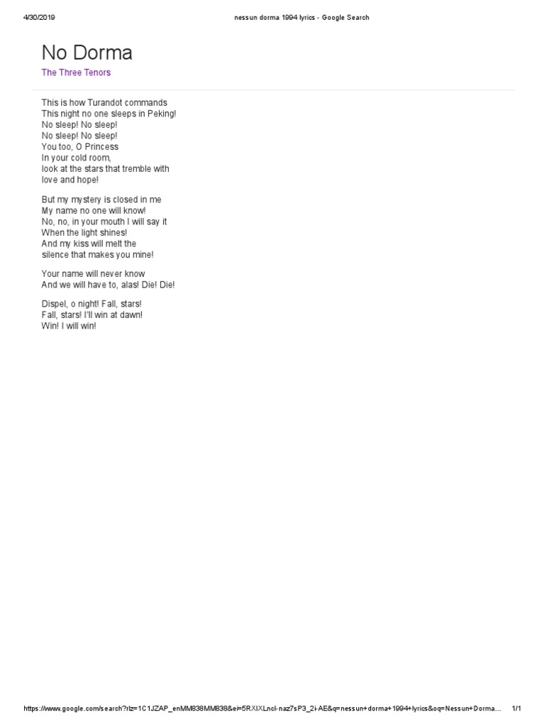 Nessun Dorma 1994 Lyrics Google Search Pdf