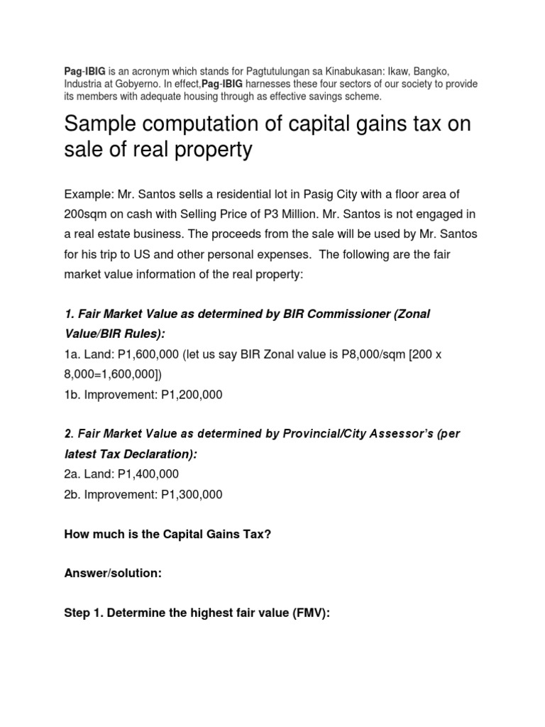 Sample Computation of Capital Gains Tax On Sale of Real Property PDF
