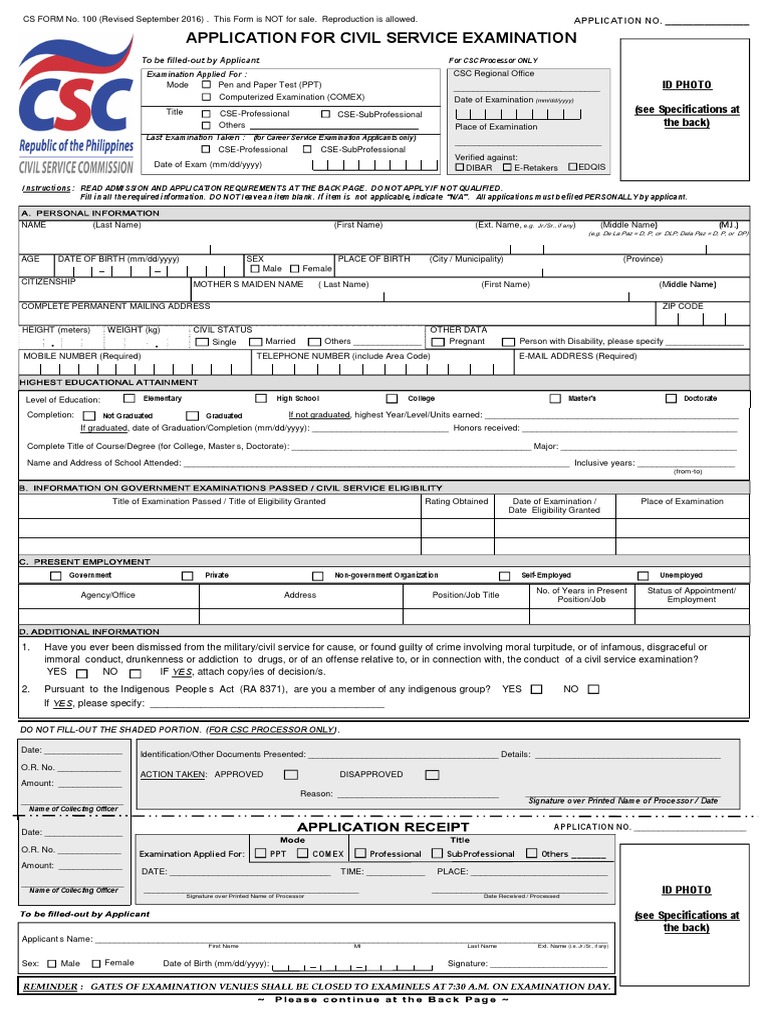 CS Form 100 - Revised September 2016 PDF | PDF | Identity Document ...