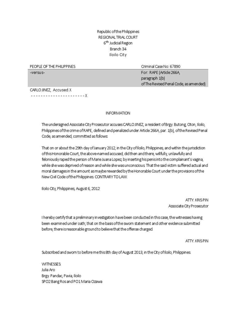 Iloilo Rape Case: Carlo Jinez Accusation | PDF
