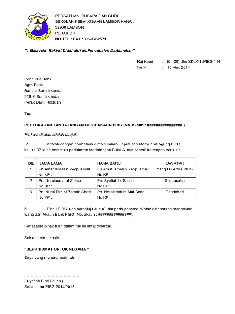 Surat Tukar Penama Akaun Bank Pibg Pdf