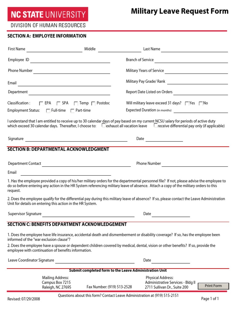 Section A: Employee Information: Submit Completed Form To The Leave ...