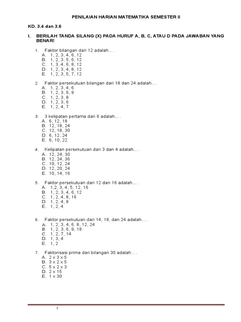 Penilaian Harian Matematika Kelas 4 Sd