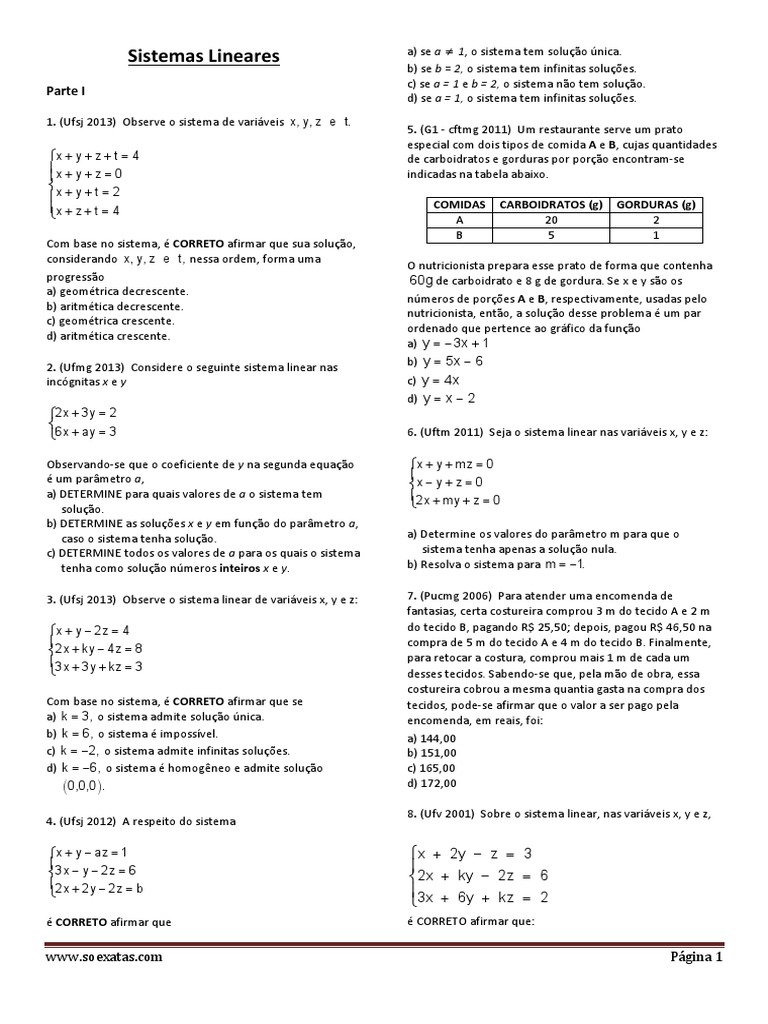 Exercícios Sistemas LinearesXX | Sistema de Equações Lineares | Equações