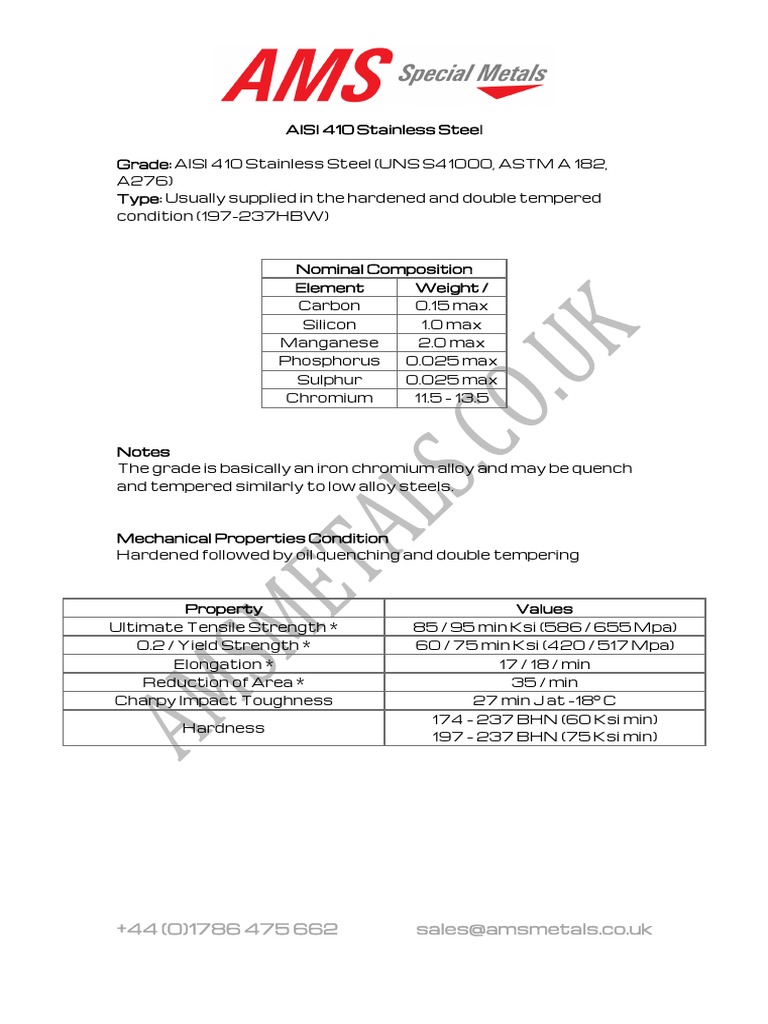 AISI 410 Stainless Steel Properties | PDF | Steel | Metals