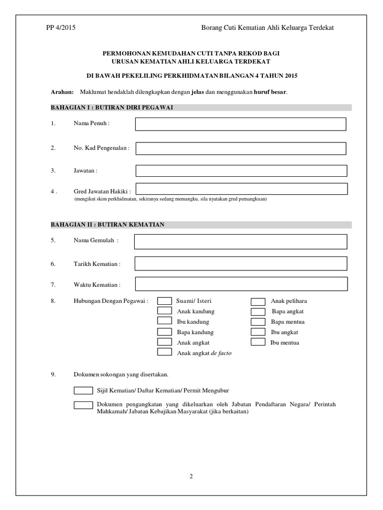 Borang Cuti Kematian Ahli Keluarga Terdekat Baru Docx