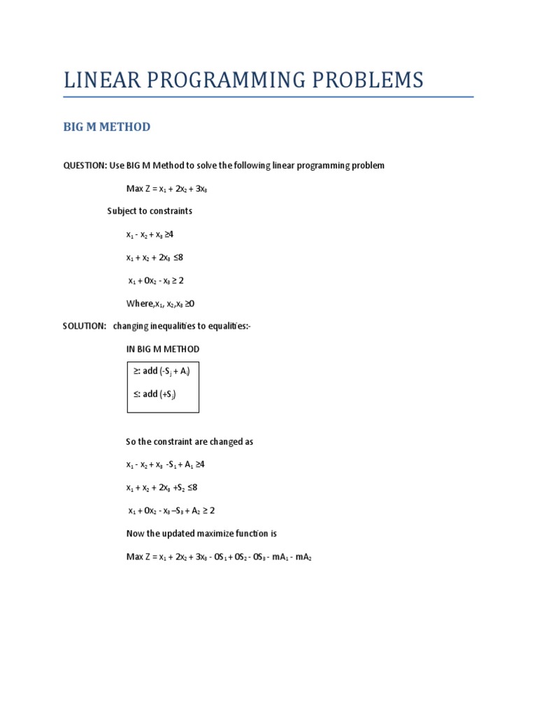 Linear Programming Problem Solved Using Big M Method | PDF | Linear ...