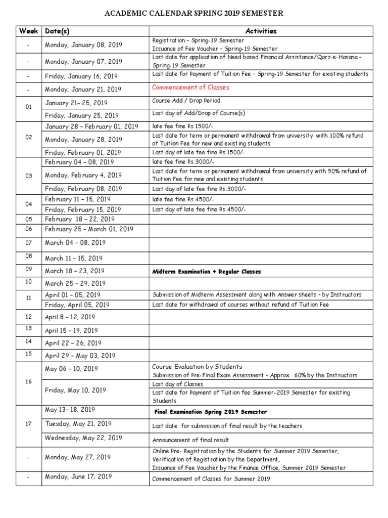 Academic Calendar Spring 2019 Semester PDF Academic Term Fee