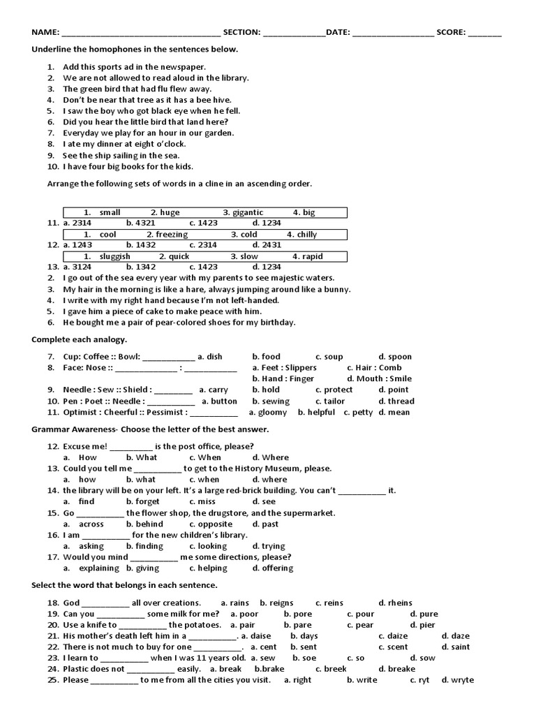 Homonyms Quiz | PDF