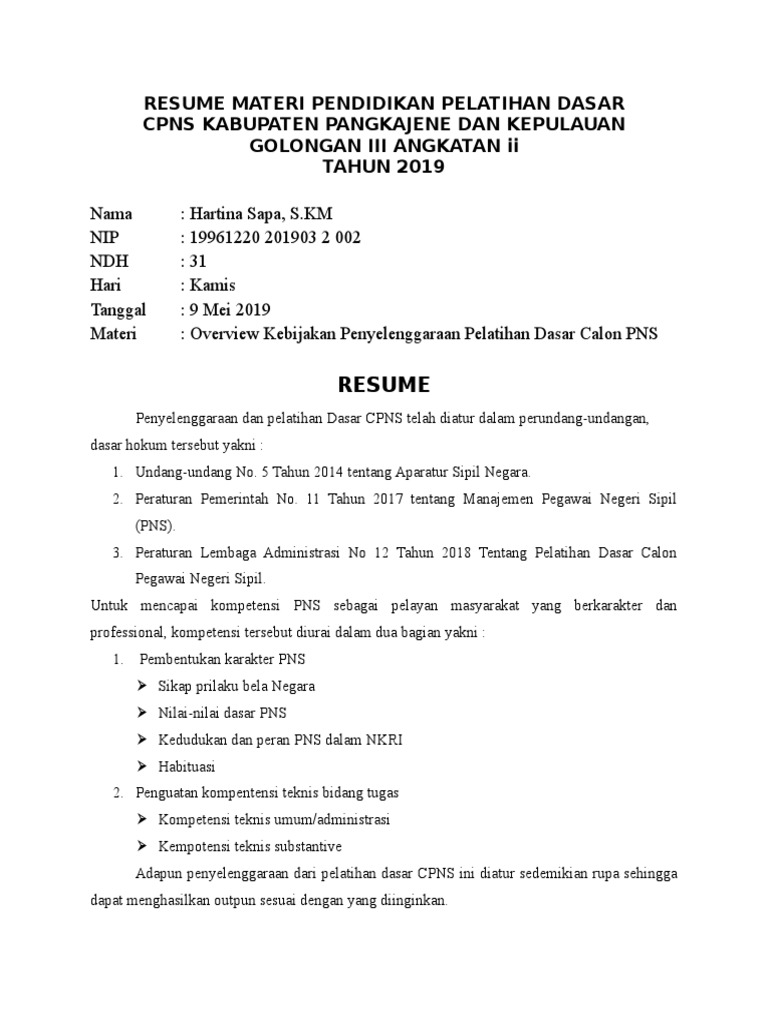 Resume Materi Pendidikan Pelatihan Dasar 9 Mei 2019 Overview Kebijakan Penyelenggaraan Pelatihan Cpns Hs Pdf