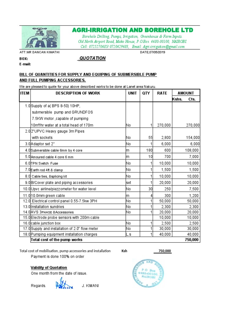 MR Dancan Kimathi Pump Quotation | PDF | Electricity | Manufactured Goods