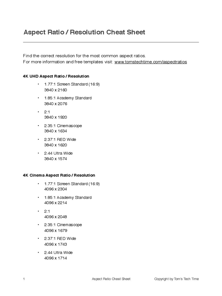 Aspect Ratio Resoultions Cheat Sheet Film And Video Technology Storage Media