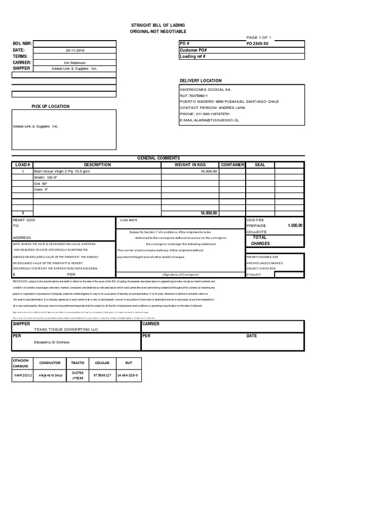 Po CH Robinson Po 234550 PDF Cargo Bill Of Lading