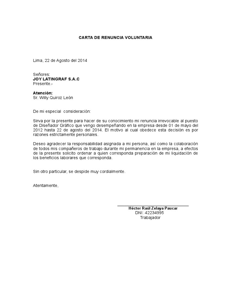 Modelo de Carta de Renuncia Voluntaria