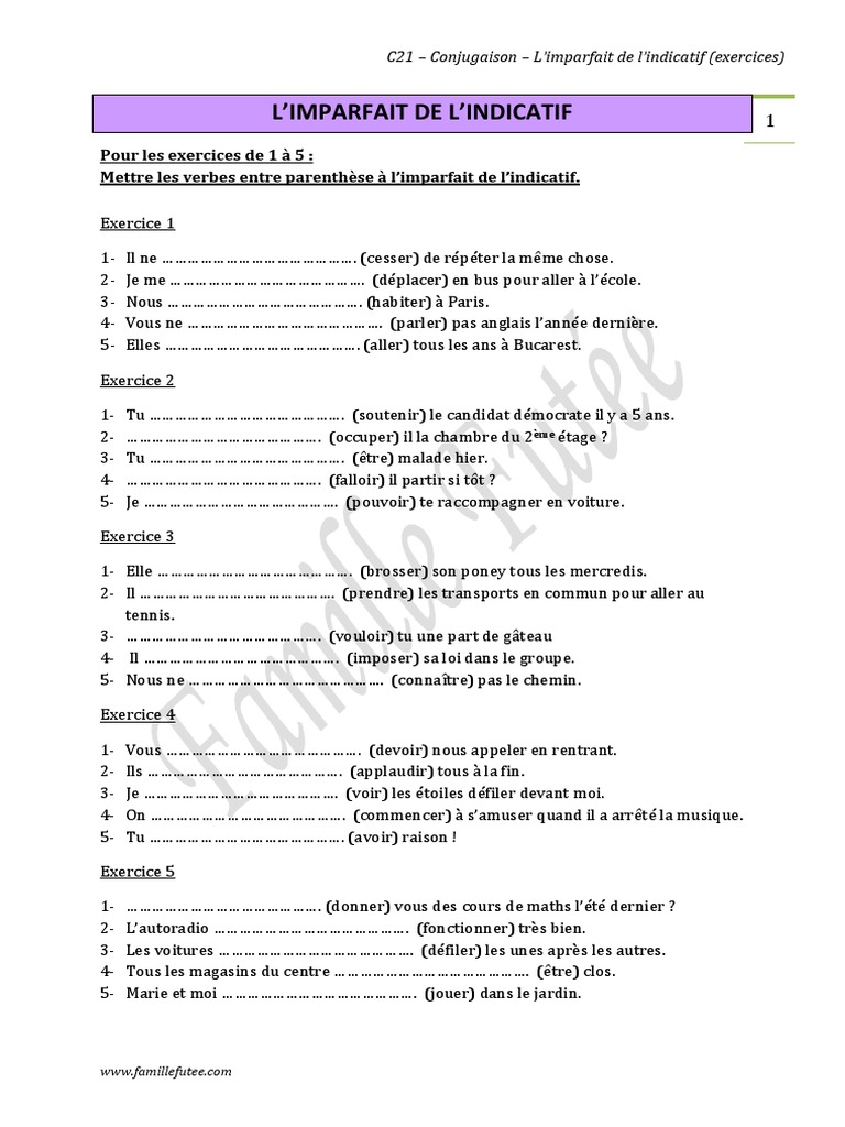 L Imparfait De L Indicatif Exercices c21 - Conjugaison - L'imparfait de L'indicatif Exercices | PDF