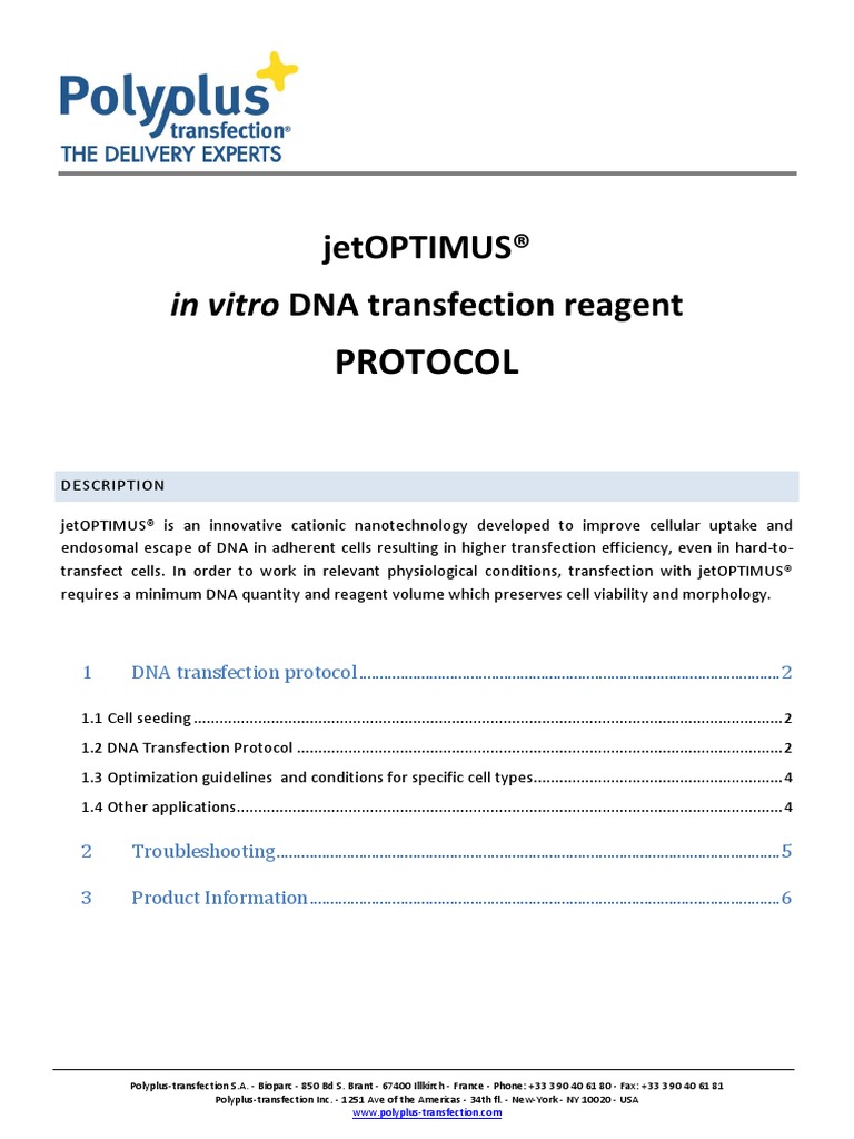 Jetoptimus | PDF | Transfection | Cell Culture