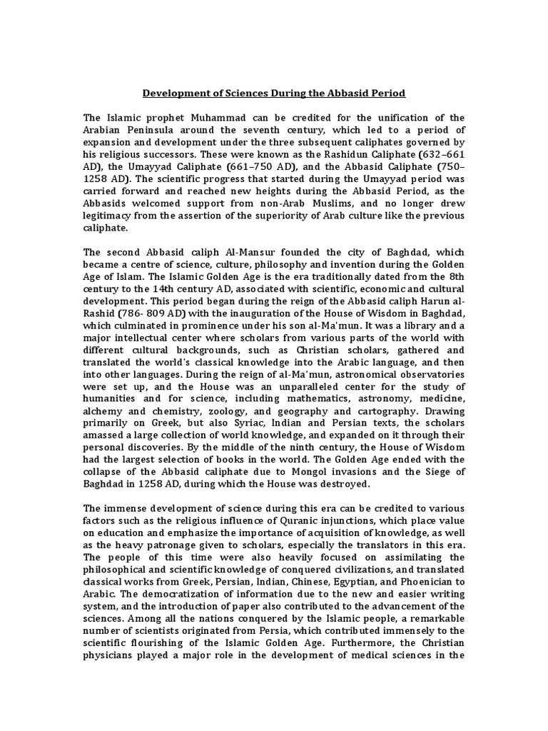 Arabic Assignment Development of Sciences During The Abbasid Period ...