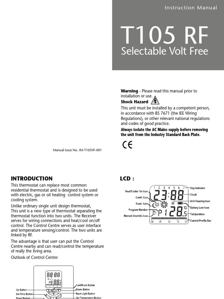 T105RF Manual PDF Thermostat Switch