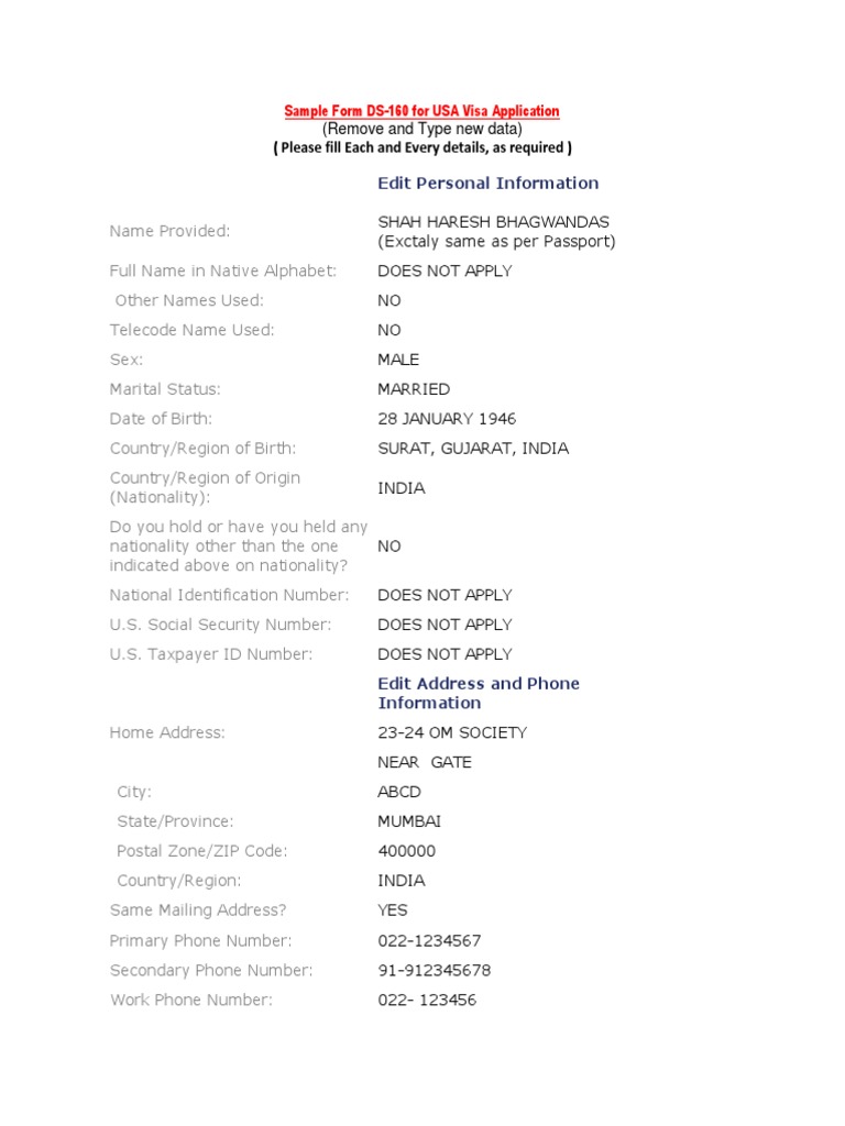 DS-160 Form Sample for Visa Application | PDF | Passport | Travel Visa