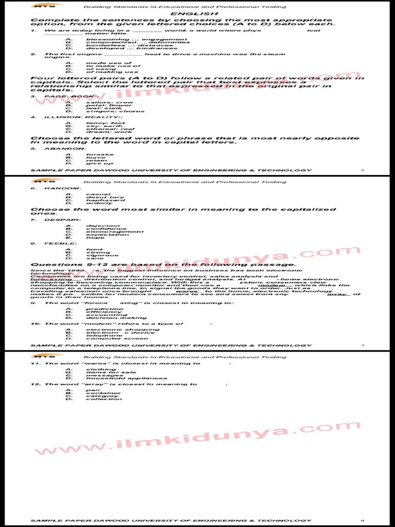 NTS Sample Past Papers DUET Karachi Pre Admission Entry Test English | PDF