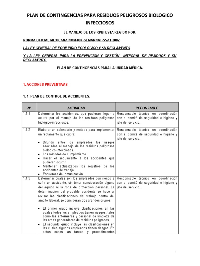 Plan De Contingencias Para Residuos Peligrosos Biologico Infecciosos ...