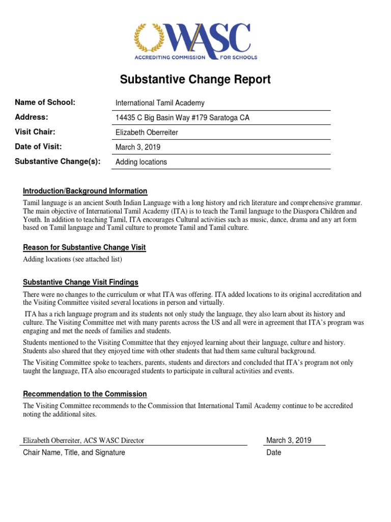 International Tamil Academy Cupertino Substantive Change Report PDF