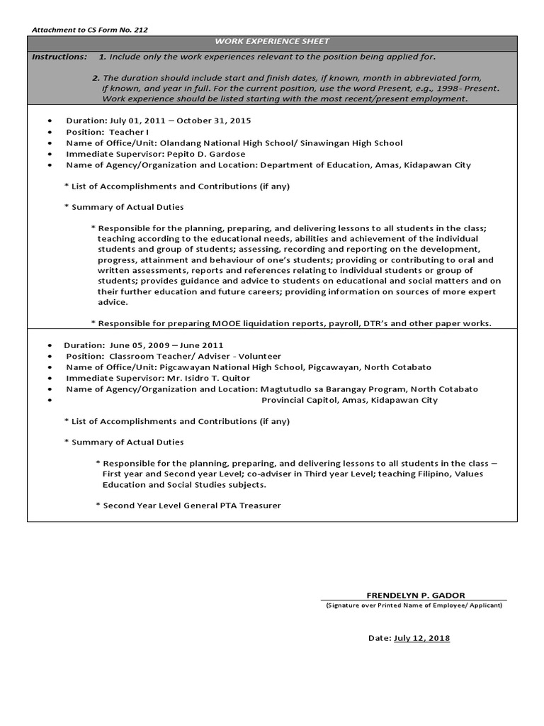 Work Experience Sheet Docx Teachers Employment