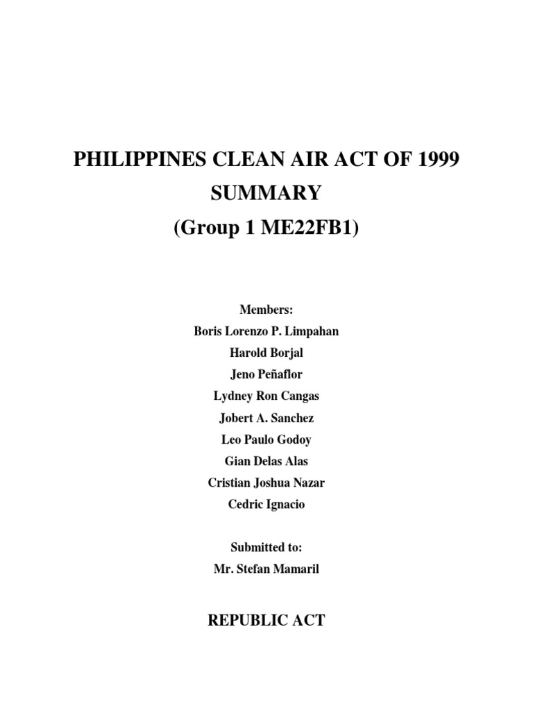 Philippines Clean Air Act of 1999 (Group 1 ME22FB1) | PDF | Emission ...