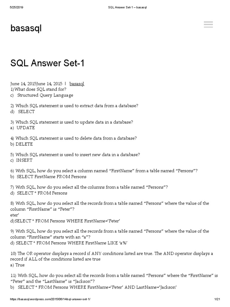 SQL Answer Set-1 - Basasql | PDF | Sql | Microsoft Sql Server