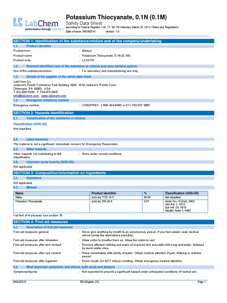 Potassium Thiocyanate, 0.1N (0.1M) Safety Data Sheet PDF Toxicity Firefighting