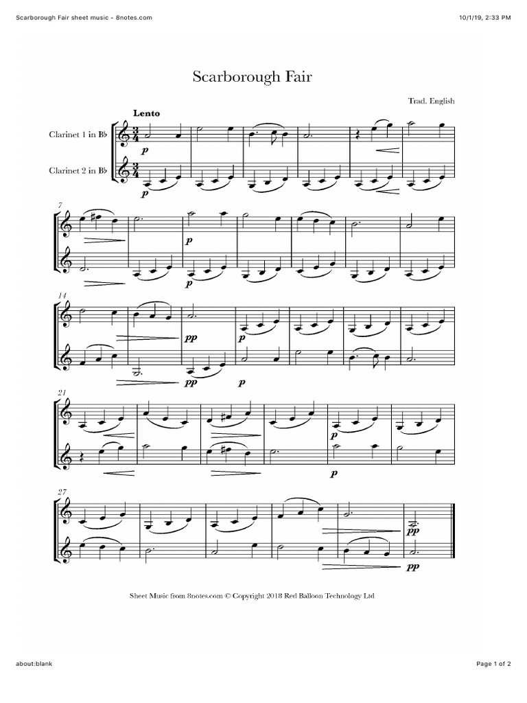 Scarborough fair  Sheet music, Clarinet sheet music, Clarinet music