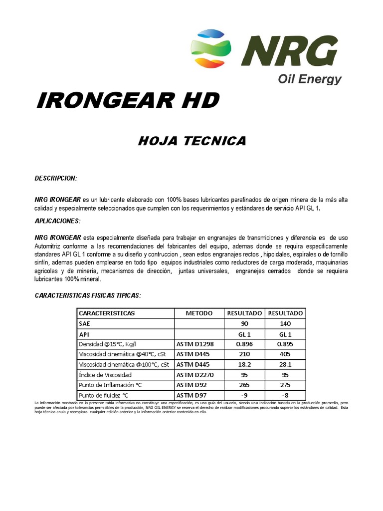 Lubricante NRG IRONGEAR para Engranajes | PDF | Lubricante | Engranaje
