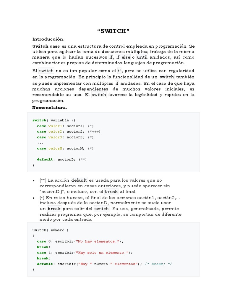 Estructura Switch en Programación | PDF | C ++ | Lenguaje de programación