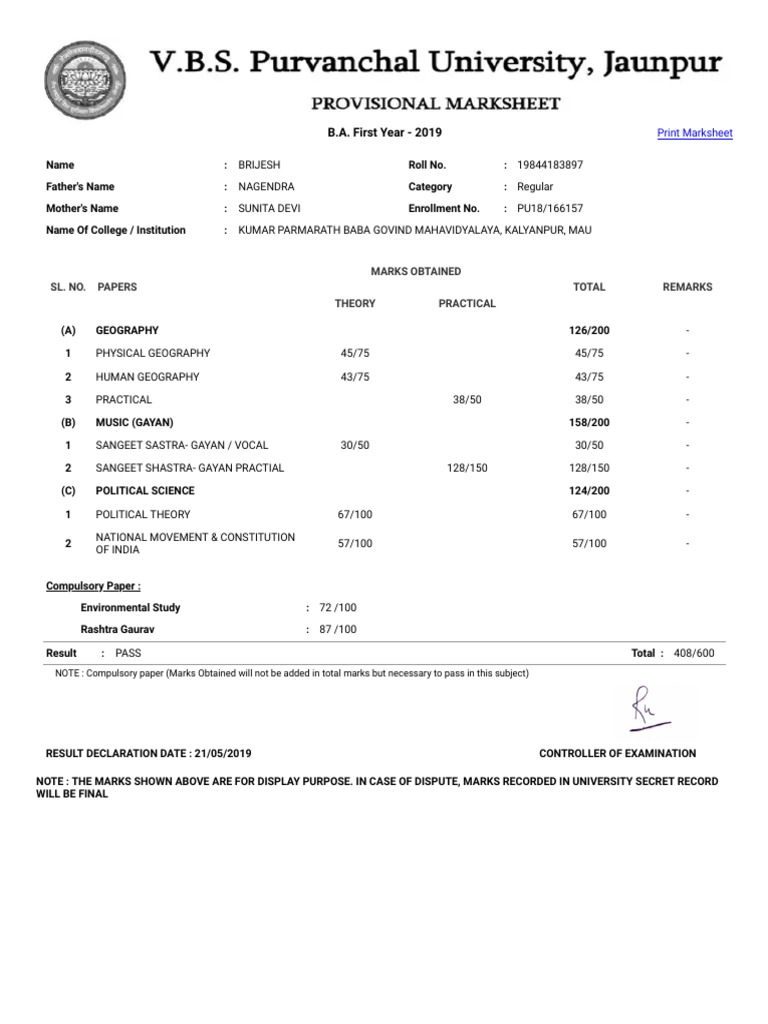 Bachelor of Arts First Year Marksheet for Brijesh Showing Results ...