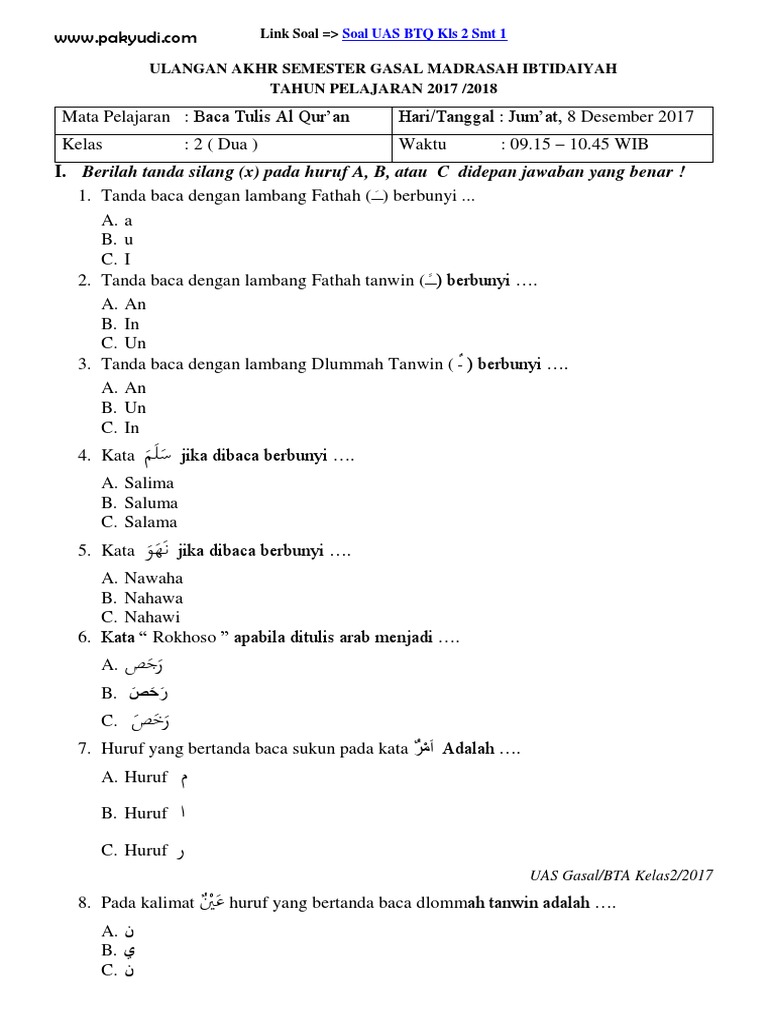25 Soal BTQ Kelas 2 Semester 1 yang Muncul di UAS PAS