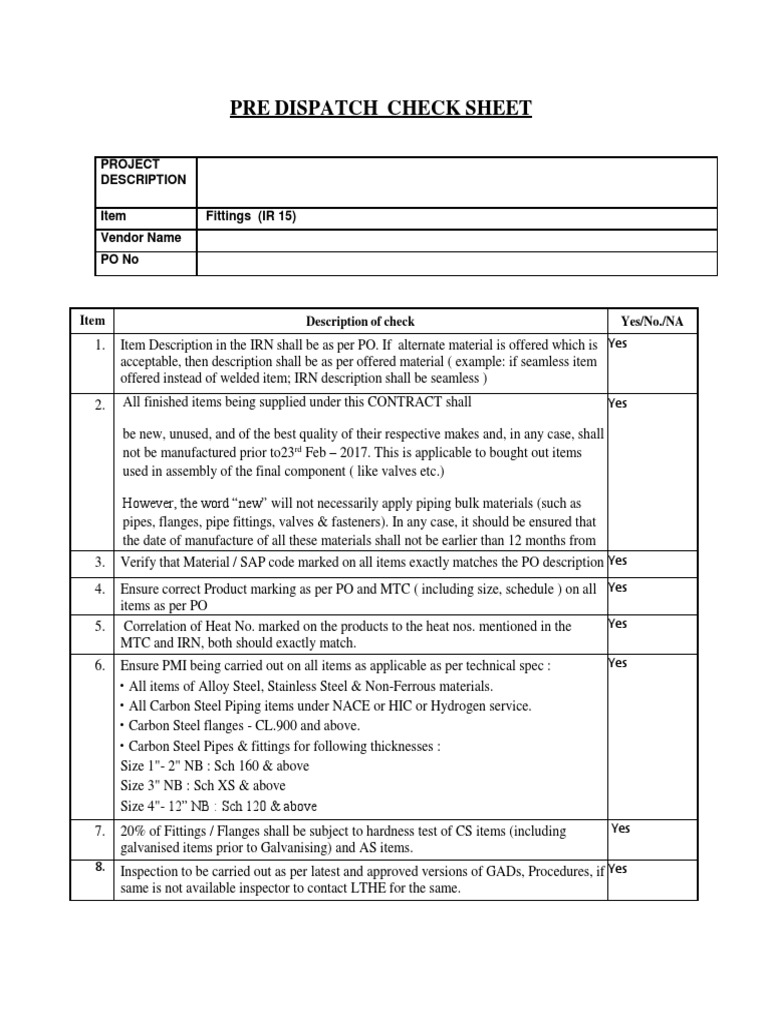 Pre Dispatch Checklist Galvanization Pipe (Fluid Conveyance)