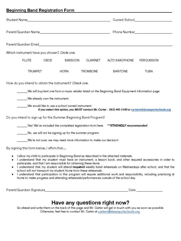 Beginning Band Registration Form | PDF | Musical Instruments | Music ...